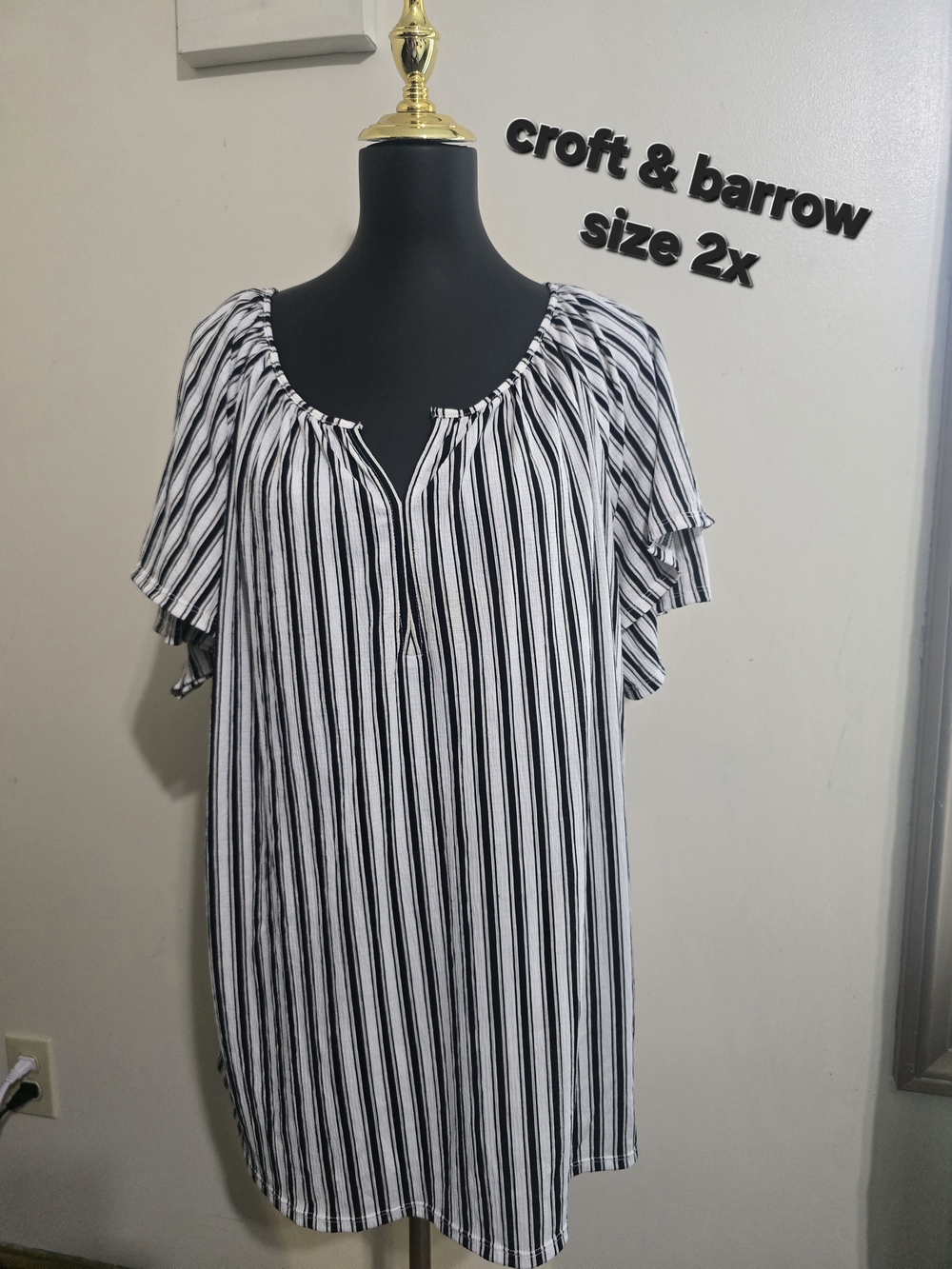 croft & barrow Black and White Vertical Stripe Peasant Tunic - 2X
